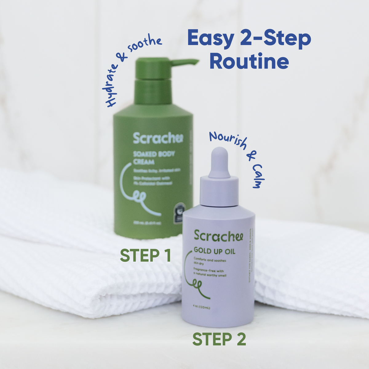 Two Scrachee skincare products with labels indicating an easy 2-step routine on a white background.